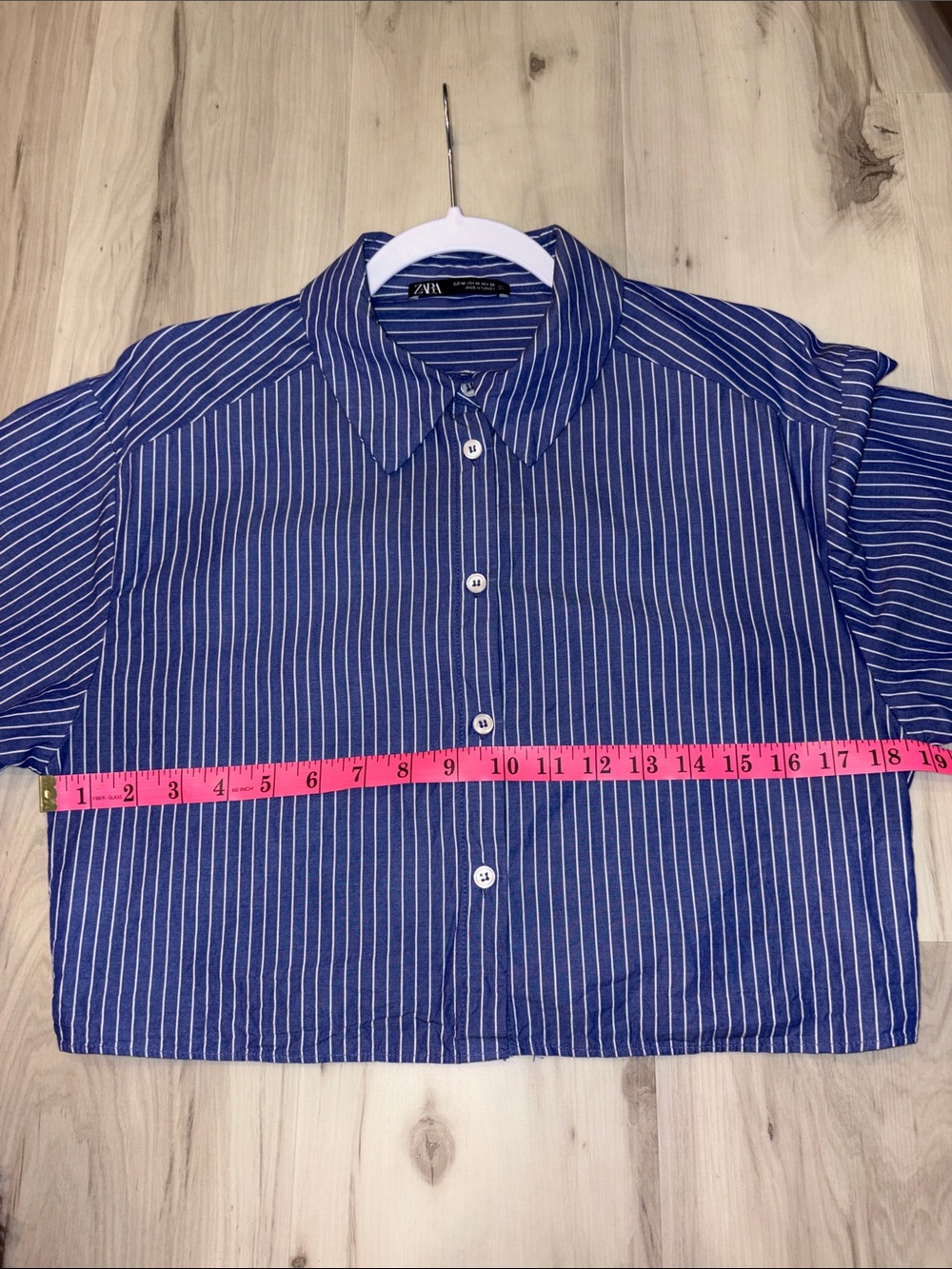 Zara Button Down Shirt, Cotton Poplin, Cropped, Blue & White Stripe, M - Picture 10 of 13